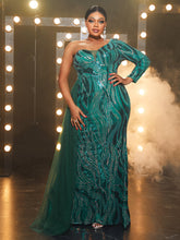 Load image into Gallery viewer, Plus One Shoulder Mesh Panel Sequin Formal Dress