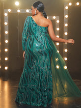 Load image into Gallery viewer, Plus One Shoulder Mesh Panel Sequin Formal Dress