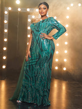 Load image into Gallery viewer, Plus One Shoulder Mesh Panel Sequin Formal Dress