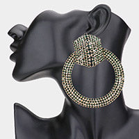 Load image into Gallery viewer, RHINESTONE PAVE HEXAGON OPEN CIRCLE EVENING EARRINGS