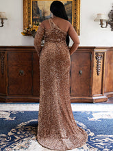 Load image into Gallery viewer, seomiscky Plus One Shoulder Mesh Panel Split Thigh Sequin Formal Dress
