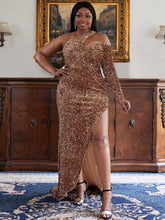 Load image into Gallery viewer, seomiscky Plus One Shoulder Mesh Panel Split Thigh Sequin Formal Dress
