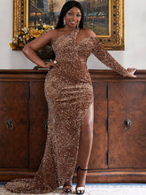Load image into Gallery viewer, seomiscky Plus One Shoulder Mesh Panel Split Thigh Sequin Formal Dress
