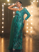Load image into Gallery viewer, Plus One Shoulder Mesh Panel Sequin Formal Dress
