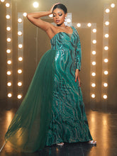 Load image into Gallery viewer, Plus One Shoulder Mesh Panel Sequin Formal Dress
