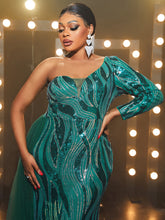 Load image into Gallery viewer, Plus One Shoulder Mesh Panel Sequin Formal Dress
