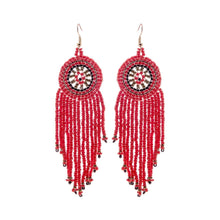 Load image into Gallery viewer, Red Seed Bead Fringe Round Earrings
