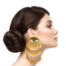 Load image into Gallery viewer, Yellow and Gold Bead Eye Fringe Earrings
