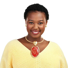 Load image into Gallery viewer, Oval Red Confetti Gold Collar Necklace

